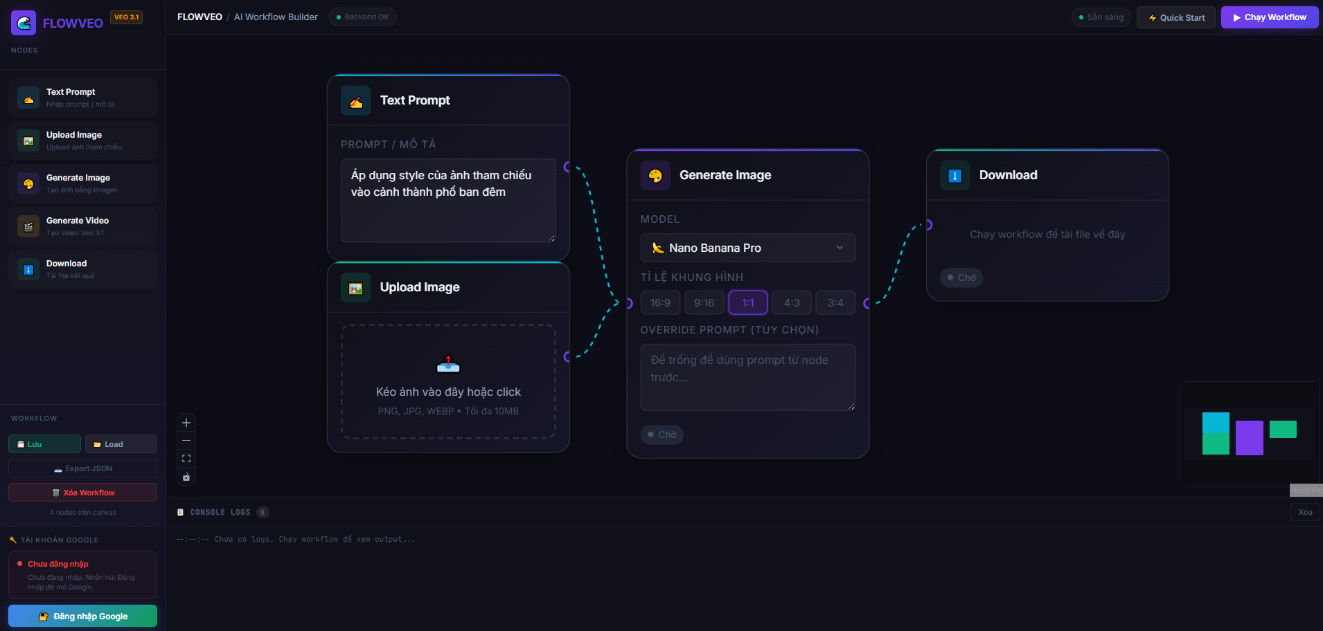 WorkFlow giá rẻ tạo ảnh và video với Veo 3.1 ultral và GROK  của bạn chạy trực tiếp trên máy bạn
